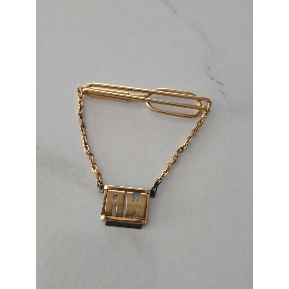 Vintage Swank Gold Tone Monogram AW Tie Clasp Bar Chain Mens Formal Accessory